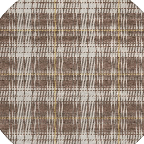 Homeroots 3' Stylish Artichoke Green Brown And Ivory Plaid Washable Area Rug For Indoor And Outdoor Use 8' Round Polyester 597095