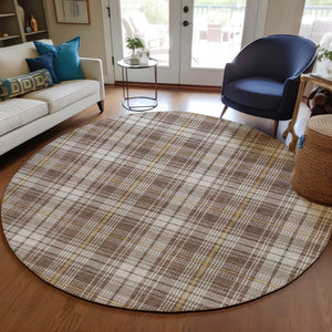 Homeroots 3' Stylish Artichoke Green Brown And Ivory Plaid Washable Area Rug For Indoor And Outdoor Use 8' Round Polyester 597095