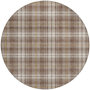 Homeroots 3' Stylish Artichoke Green Brown And Ivory Plaid Washable Area Rug For Indoor And Outdoor Use 8' Round Polyester 597095
