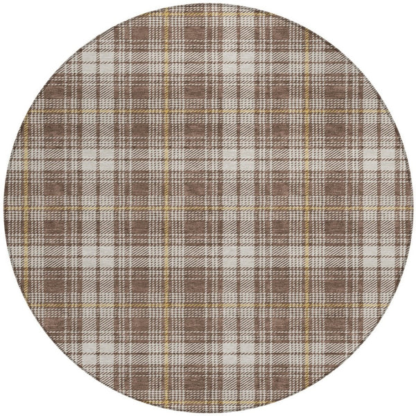 Homeroots 3' Stylish Artichoke Green Brown And Ivory Plaid Washable Area Rug For Indoor And Outdoor Use 8' Round Polyester 597095