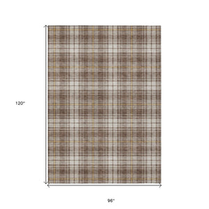 HomeRoots 5' Classic Brown Beige Gold Plaid Washable Area Rug for Indoor Outdoor High-Traffic Spaces 8' X 10' 597096