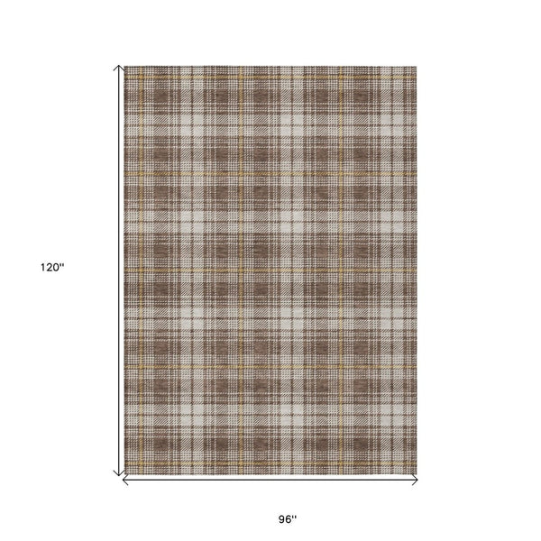 HomeRoots 5' Classic Brown Beige Gold Plaid Washable Area Rug for Indoor Outdoor High-Traffic Spaces 8' X 10' 597096