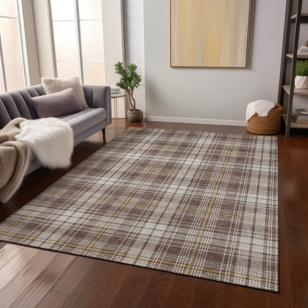 Homeroots 3' Stylish Artichoke Green Brown And Ivory Plaid Washable Area Rug For Indoor And Outdoor Use 8' X 10' Polyester 597096