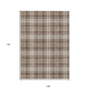 Homeroots 3' Stylish Artichoke Green Brown And Ivory Plaid Washable Area Rug For Indoor And Outdoor Use 9' X 12' Polyester 597097