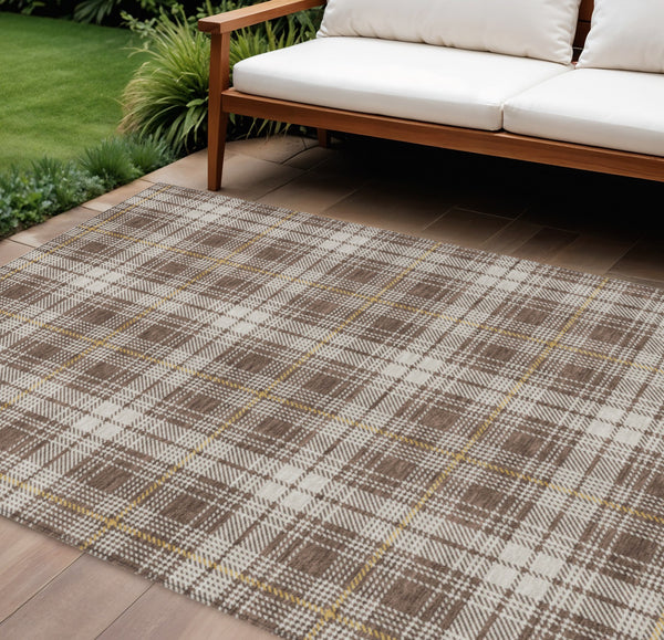 Homeroots 3' Stylish Artichoke Green Brown And Ivory Plaid Washable Area Rug For Indoor And Outdoor Use 9' X 12' Polyester 597097