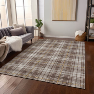 Homeroots 3' Stylish Artichoke Green Brown And Ivory Plaid Washable Area Rug For Indoor And Outdoor Use 9' X 12' Polyester 597097