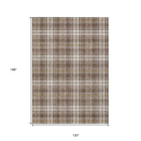 Homeroots 3' Stylish Artichoke Green Brown And Ivory Plaid Washable Area Rug For Indoor And Outdoor Use 10' X 14' Polyester 597098