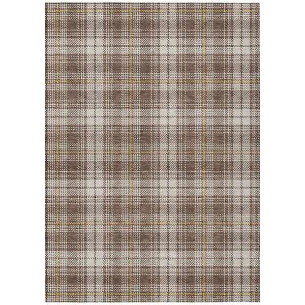 HomeRoots 5' Classic Brown Beige Gold Plaid Washable Area Rug for Indoor Outdoor High-Traffic Spaces 10' X 14' 597098
