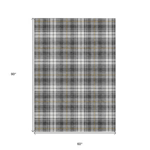 HomeRoots 5' Charcoal Ivory Gold Plaid Washable Area Rug - Durable, Stylish Indoor-Outdoor Essential for Every Space 5' X 8' 597100