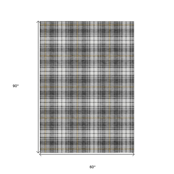 HomeRoots 5' Charcoal Ivory Gold Plaid Washable Area Rug - Durable, Stylish Indoor-Outdoor Essential for Every Space 5' X 8' 597100