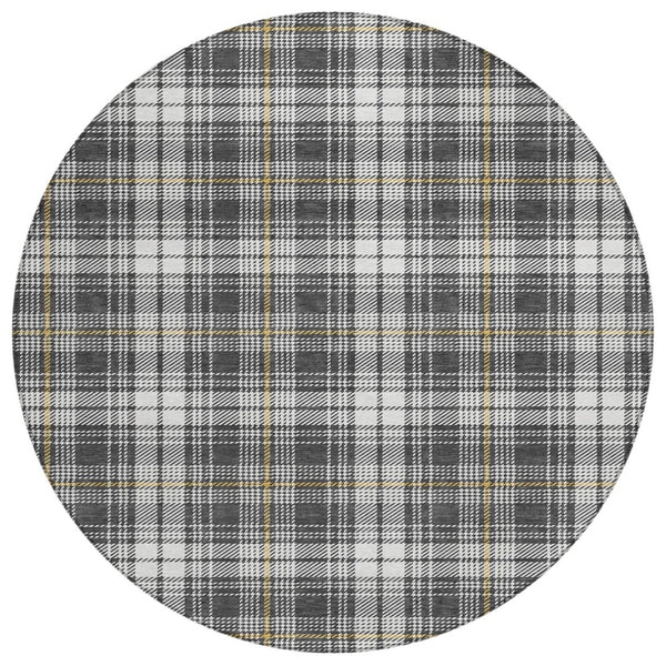 HomeRoots 5' Charcoal Ivory Gold Plaid Washable Area Rug - Durable, Stylish Indoor-Outdoor Essential for Every Space 8' Round 597101