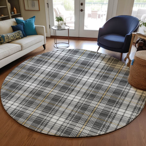 Homeroots 3' Stylish Artichoke Green Brown And Ivory Plaid Washable Area Rug For Indoor And Outdoor Use 8' Round Polyester 597101