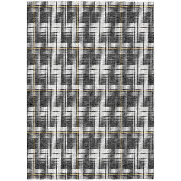 HomeRoots 5' Charcoal Ivory Gold Plaid Washable Area Rug - Durable, Stylish Indoor-Outdoor Essential for Every Space 8' X 10' 597102