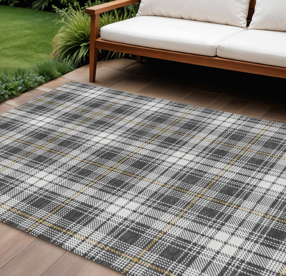 HomeRoots 9' Charcoal Ivory and Gold Plaid Washable Area Rug - Durable Indoor/Outdoor Design for High-Traffic Areas 597103