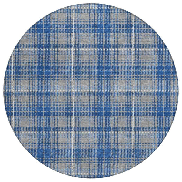 HomeRoots 5' Gray-Blue and Ivory Plaid Area Rug - Durable, Washable Design for Indoor and Outdoor Use 8' Round 597107