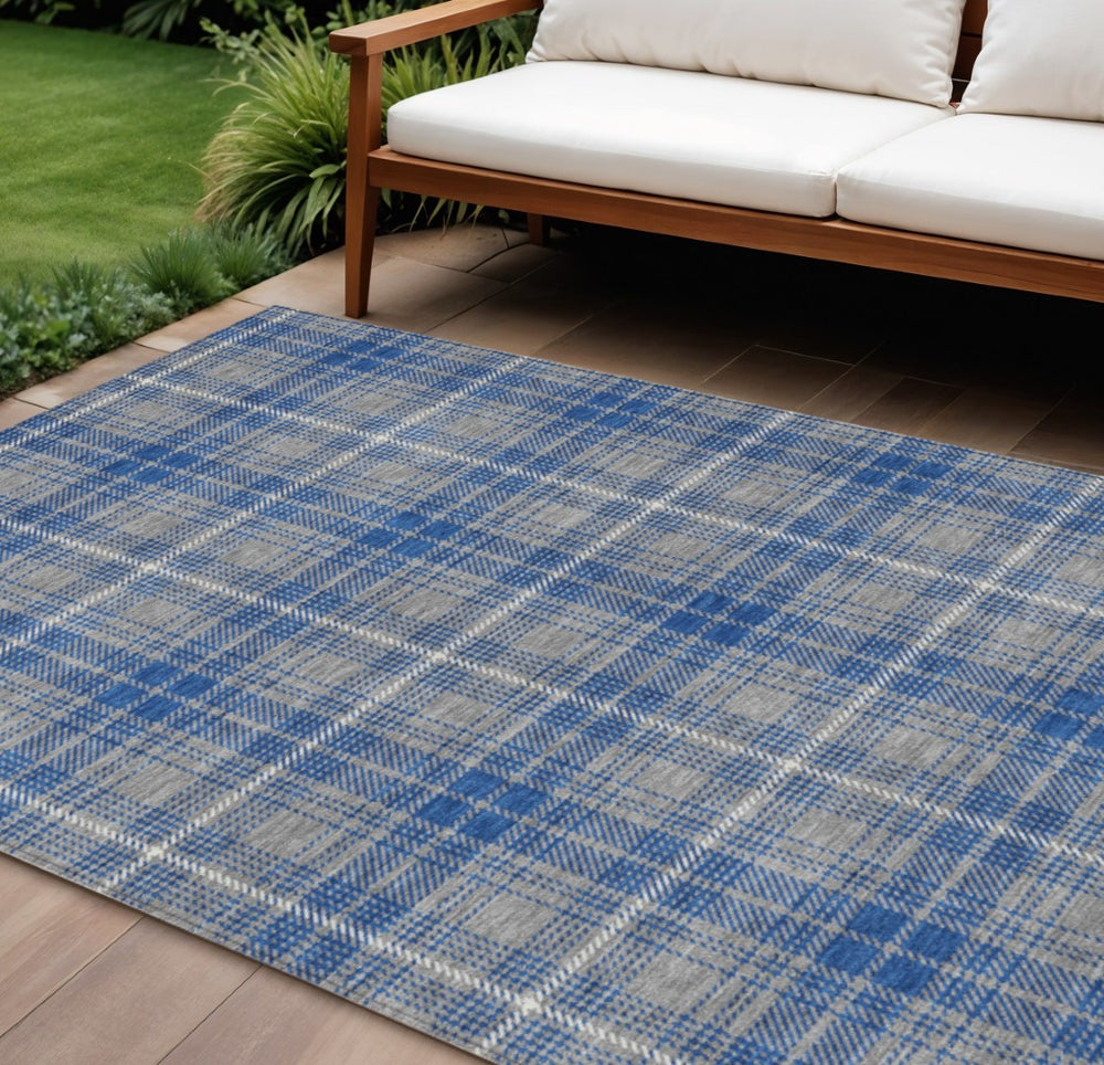 HomeRoots 9' X 12' Gray-Blue and Ivory Plaid Washable Area Rug - Durable, Stylish, Indoor/Outdoor Versatile Design 597109