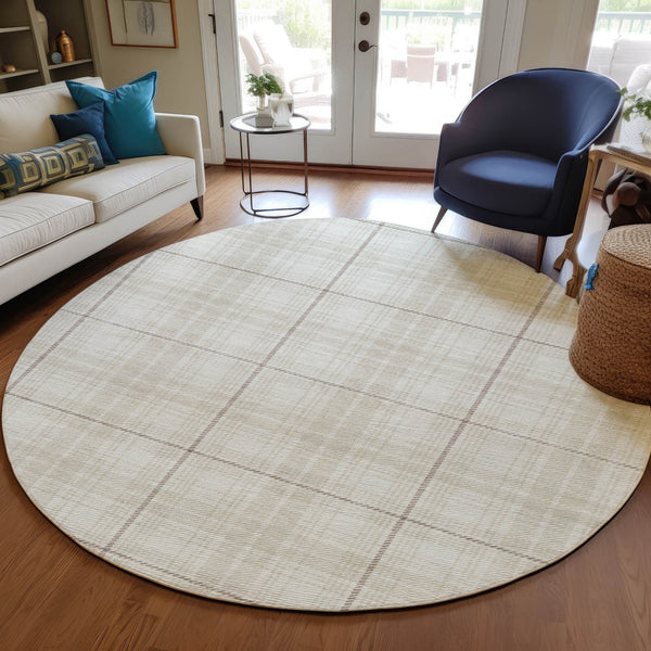 Homeroots 3' Stylish Artichoke Green Brown And Ivory Plaid Washable Area Rug For Indoor And Outdoor Use 8' Round Polyester 597113