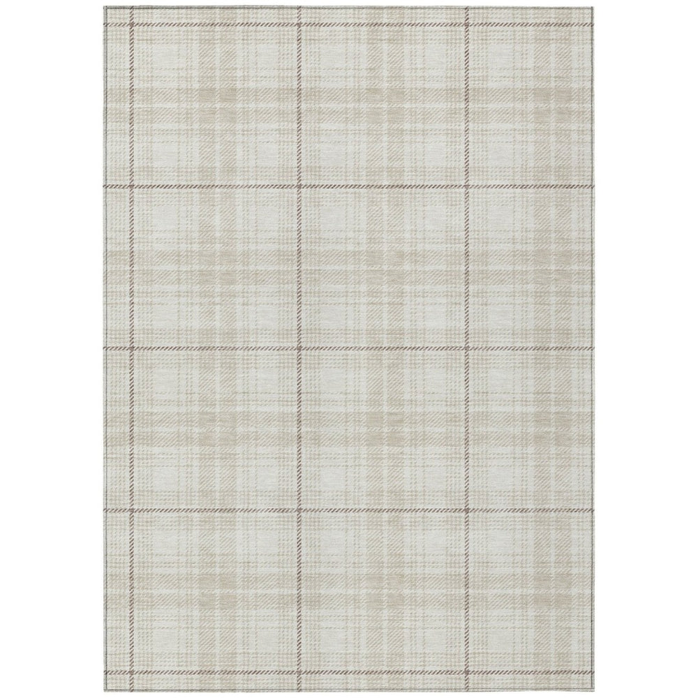 HomeRoots 5' Elegant Ivory Beige and Brown Plaid Area Rug – Durable, Washable, Indoor/Outdoor Home Accent 8' X 10' 597114