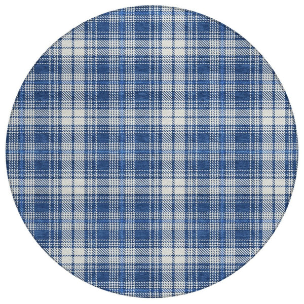 HomeRoots 5' Navy Blue and Ivory Plaid Washable Area Rug - Stylish, Durable, and Perfect for Indoor or Outdoor Use 8' Round 597119