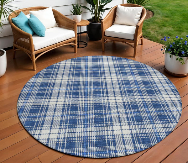 Homeroots 3' Stylish Artichoke Green Brown And Ivory Plaid Washable Area Rug For Indoor And Outdoor Use 8' Round Polyester 597119