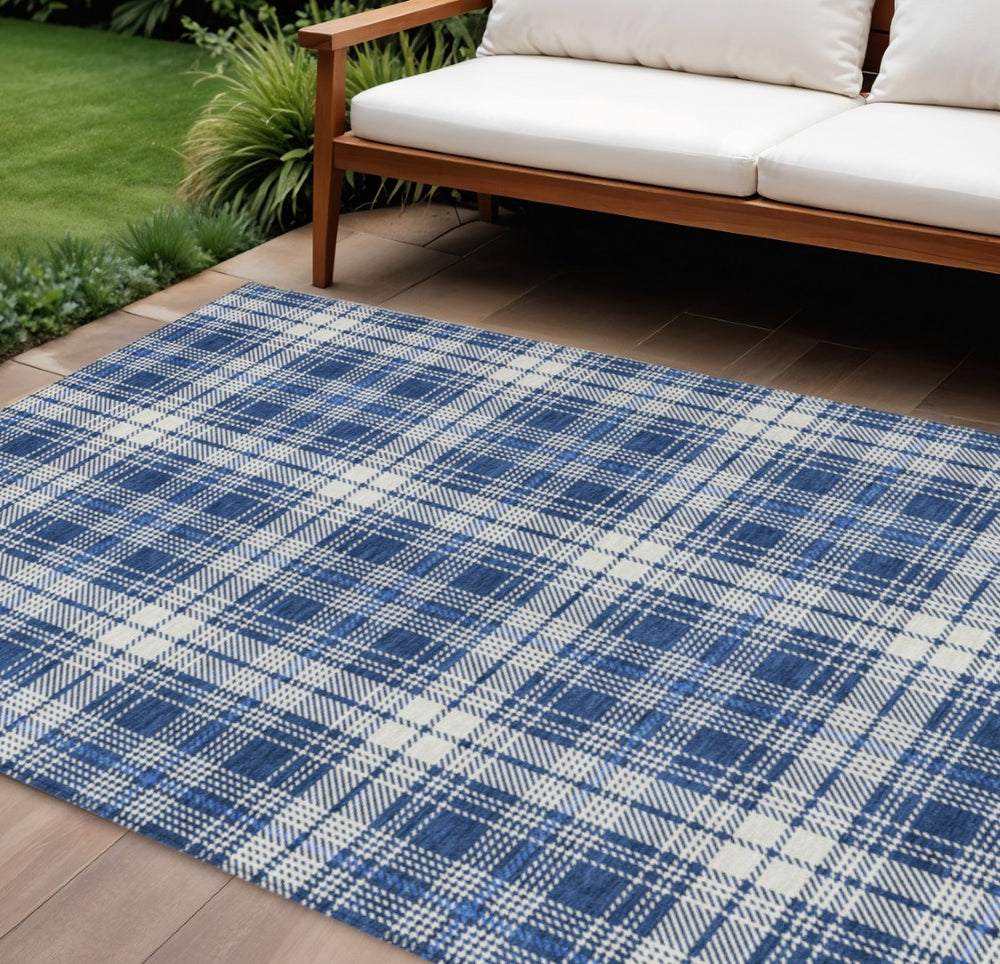 HomeRoots 9' X 12' Navy Blue Plaid Area Rug - Versatile Washable Indoor/Outdoor Carpet for Stylish Living Spaces 597121