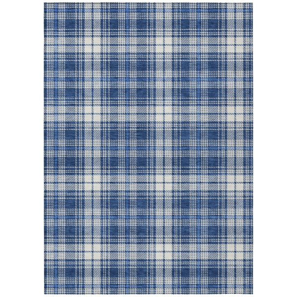HomeRoots 5' Navy Blue and Ivory Plaid Washable Area Rug - Stylish, Durable, and Perfect for Indoor or Outdoor Use 10' X 14' 597122