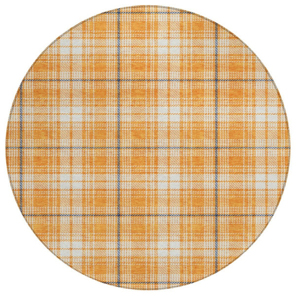 HomeRoots 5' Vibrant Orange, Blue & Ivory Plaid Area Rug - Durable, Washable, Ideal for Indoor & Outdoor Spaces 8' Round 597125