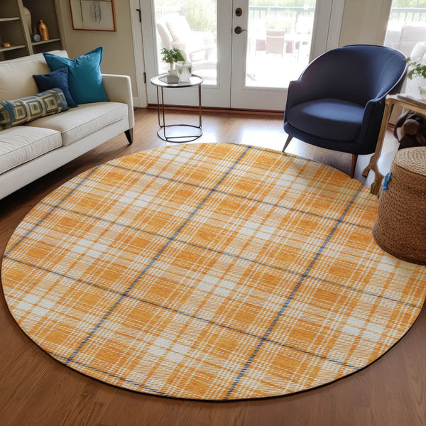 Homeroots 3' Stylish Artichoke Green Brown And Ivory Plaid Washable Area Rug For Indoor And Outdoor Use 8' Round Polyester 597125
