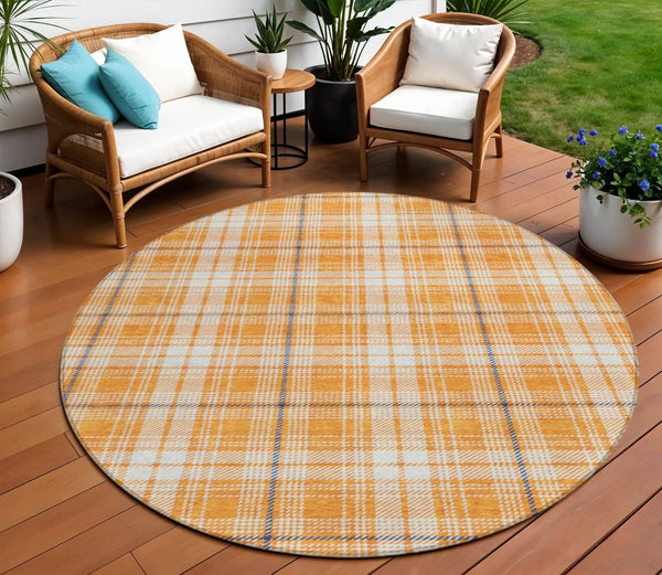 Homeroots 3' Stylish Artichoke Green Brown And Ivory Plaid Washable Area Rug For Indoor And Outdoor Use 8' Round Polyester 597125