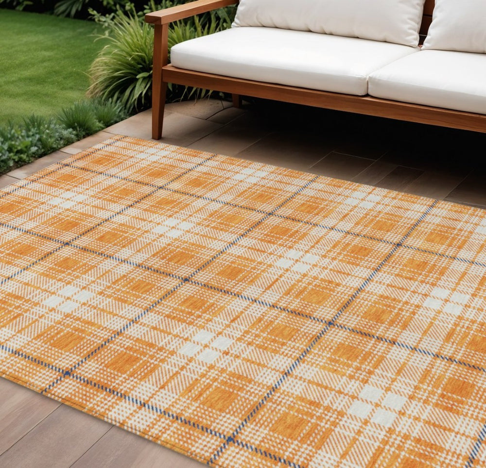 HomeRoots 9' X 12' Vibrant Orange Blue Ivory Plaid Area Rug - Washable, Durable, Perfect for Indoor & Outdoor Use 597127
