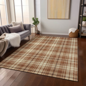 Homeroots 3' Stylish Artichoke Green Brown And Ivory Plaid Washable Area Rug For Indoor And Outdoor Use 3' X 5' Polyester 597129