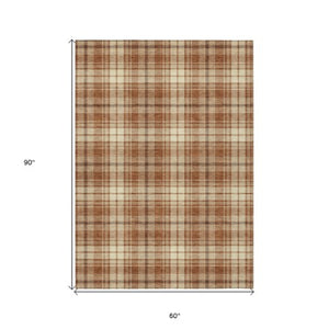Homeroots 3' Stylish Artichoke Green Brown And Ivory Plaid Washable Area Rug For Indoor And Outdoor Use 5' X 8' Polyester 597130