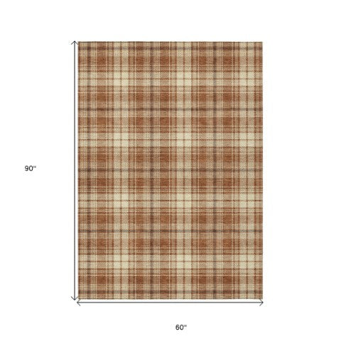 Homeroots 3' Stylish Artichoke Green Brown And Ivory Plaid Washable Area Rug For Indoor And Outdoor Use 5' X 8' Polyester 597130