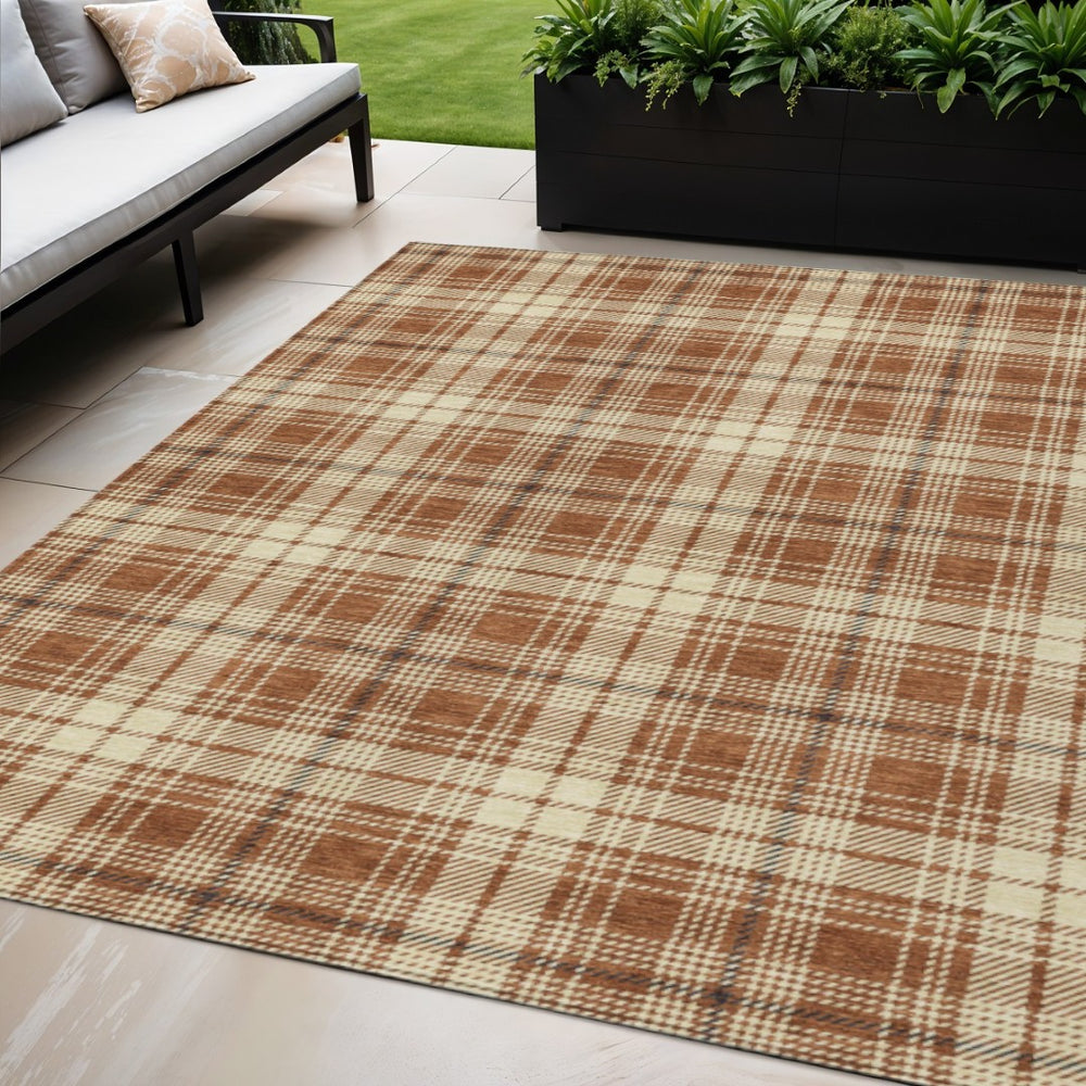 HomeRoots 5' Durable Plaid Area Rug - Stylish Brown, Black, and Beige for Indoor/Outdoor Use, Machine Washable 5' X 8' 597130