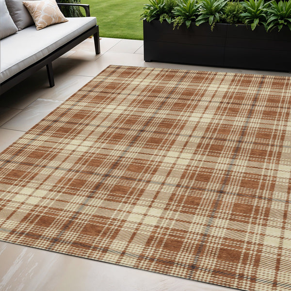 Homeroots 3' Stylish Artichoke Green Brown And Ivory Plaid Washable Area Rug For Indoor And Outdoor Use 5' X 8' Polyester 597130