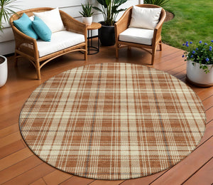 Homeroots 3' Stylish Artichoke Green Brown And Ivory Plaid Washable Area Rug For Indoor And Outdoor Use 8' Round Polyester 597131