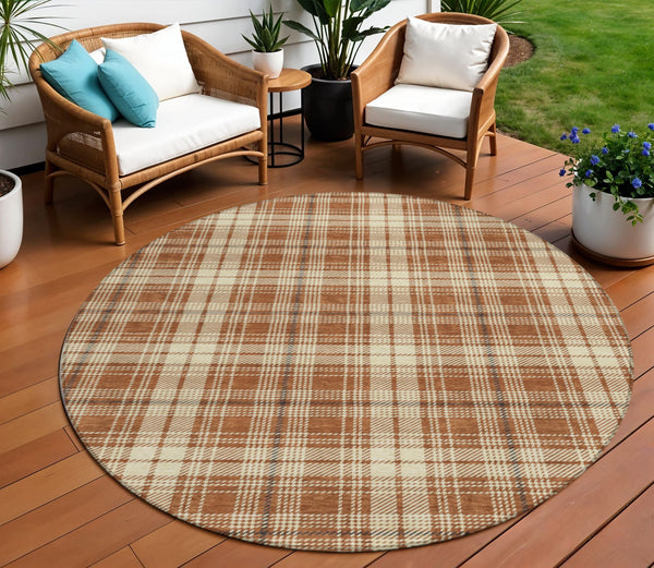 Homeroots 3' Stylish Artichoke Green Brown And Ivory Plaid Washable Area Rug For Indoor And Outdoor Use 8' Round Polyester 597131