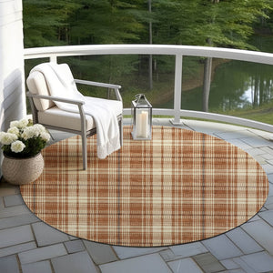 Homeroots 3' Stylish Artichoke Green Brown And Ivory Plaid Washable Area Rug For Indoor And Outdoor Use 8' Round Polyester 597131