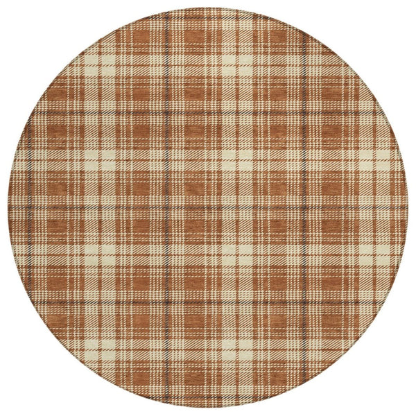 HomeRoots 5' Durable Plaid Area Rug - Stylish Brown, Black, and Beige for Indoor/Outdoor Use, Machine Washable 8' Round 597131