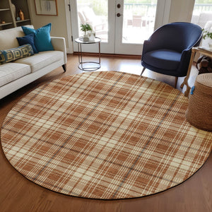 Homeroots 3' Stylish Artichoke Green Brown And Ivory Plaid Washable Area Rug For Indoor And Outdoor Use 8' Round Polyester 597131