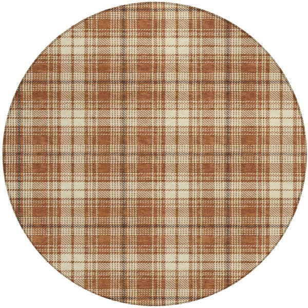 Homeroots 3' Stylish Artichoke Green Brown And Ivory Plaid Washable Area Rug For Indoor And Outdoor Use 8' Round Polyester 597131