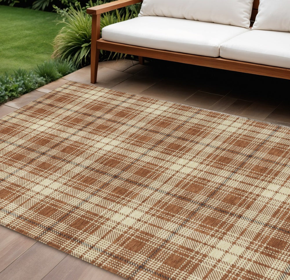 HomeRoots 9' Brown Black and Beige Plaid Washable Area Rug - Durable, Stylish, Indoor-Outdoor, Easy Clean! 597133