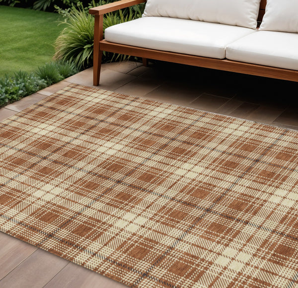 Homeroots 3' Stylish Artichoke Green Brown And Ivory Plaid Washable Area Rug For Indoor And Outdoor Use 9' X 12' Polyester 597133