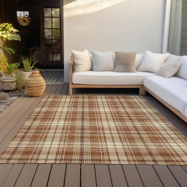 Homeroots 3' Stylish Artichoke Green Brown And Ivory Plaid Washable Area Rug For Indoor And Outdoor Use 9' X 12' Polyester 597133