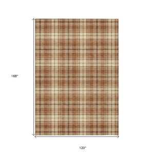 Homeroots 3' Stylish Artichoke Green Brown And Ivory Plaid Washable Area Rug For Indoor And Outdoor Use 10' X 14' Polyester 597134