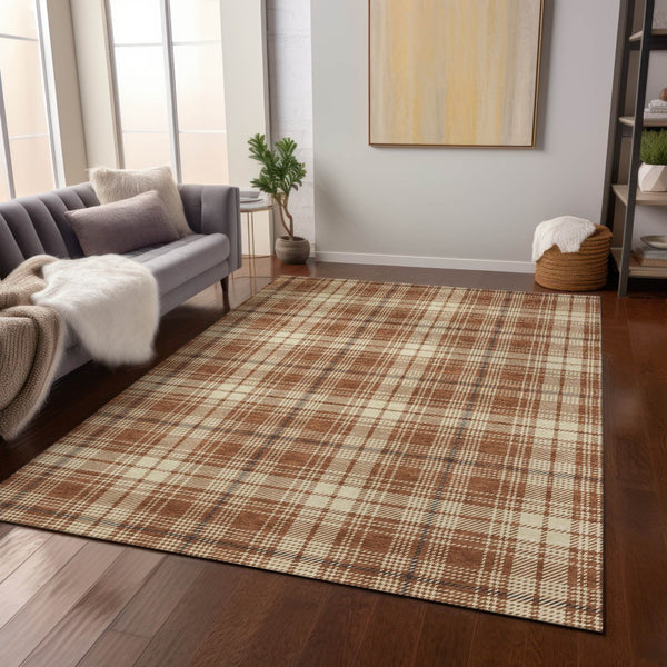 Homeroots 3' Stylish Artichoke Green Brown And Ivory Plaid Washable Area Rug For Indoor And Outdoor Use 10' X 14' Polyester 597134