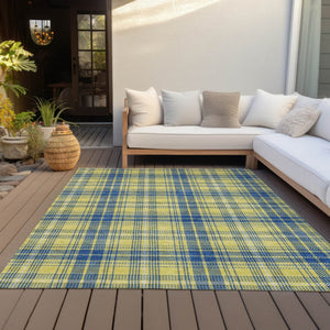 HomeRoots 5' Timeless Plaid Washable Area Rug in Yellow, Blue & Ivory for Indoor and Outdoor Durability 5' X 8' 597136