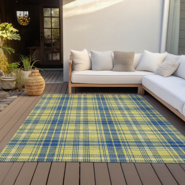 HomeRoots 5' Timeless Plaid Washable Area Rug in Yellow, Blue & Ivory for Indoor and Outdoor Durability 5' X 8' 597136