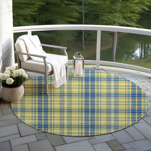 Homeroots 3' Stylish Artichoke Green Brown And Ivory Plaid Washable Area Rug For Indoor And Outdoor Use 8' Round Polyester 597137