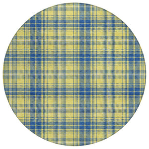 HomeRoots 5' Timeless Plaid Washable Area Rug in Yellow, Blue & Ivory for Indoor and Outdoor Durability 8' Round 597137